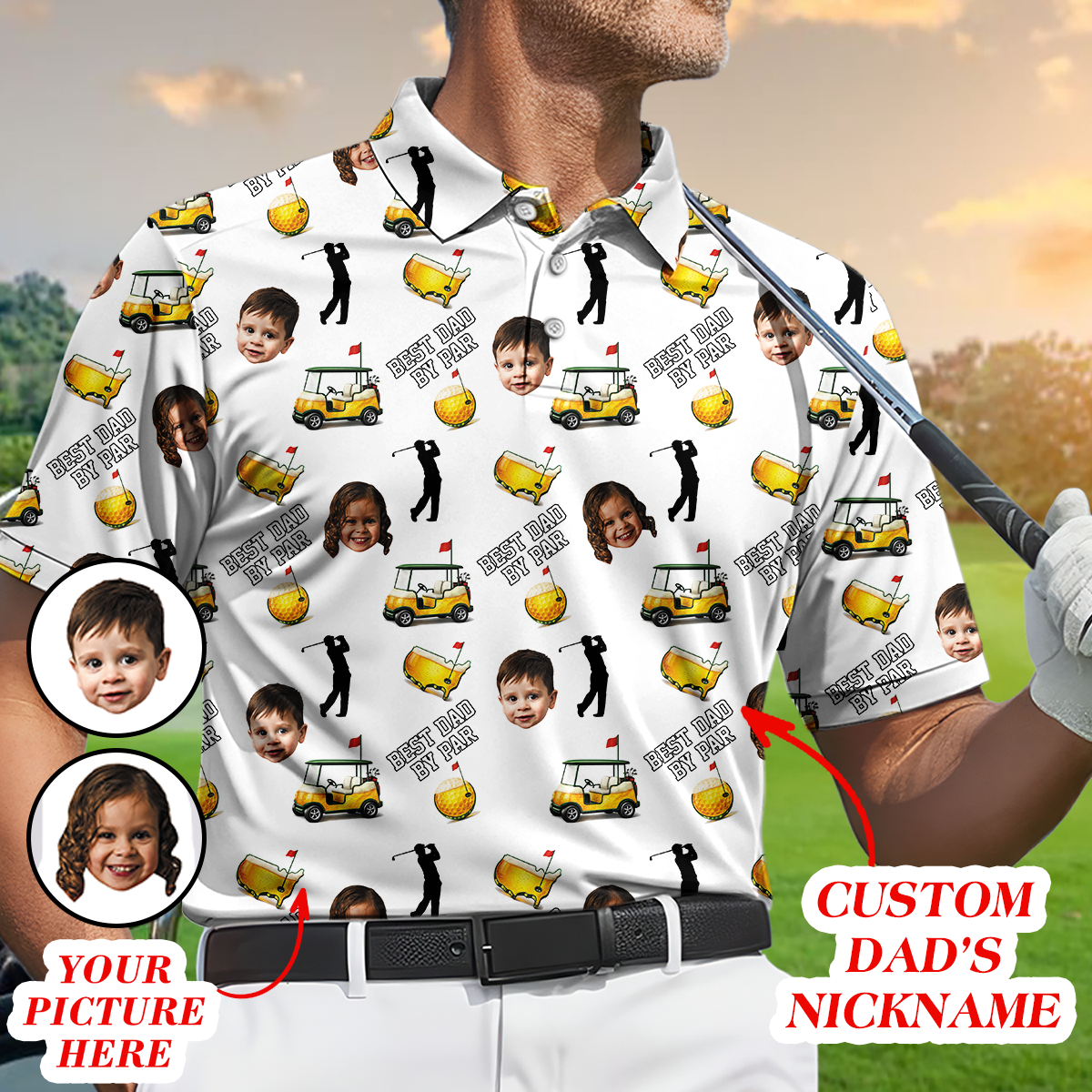 Funny Custom Baby Face, Golf Polo Shirt for Men, Best Dad By Par Golf Cart Pattern