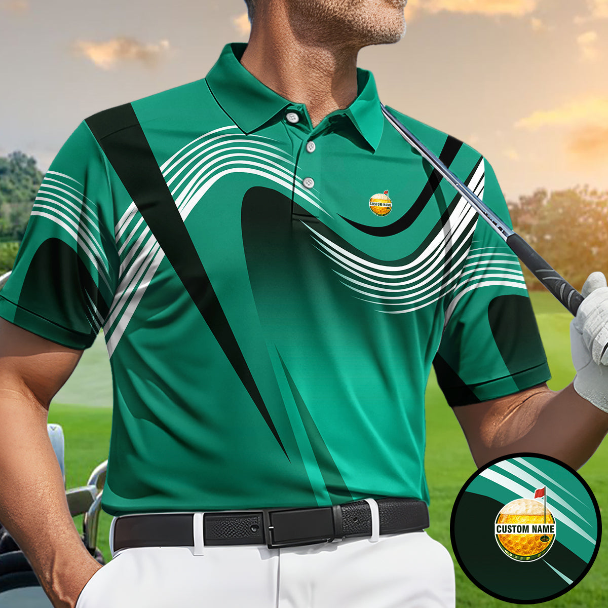 Personalized Custom Name Modern Wave Pattern Golf Polo Shirt for Men Stylish Golf Apparel