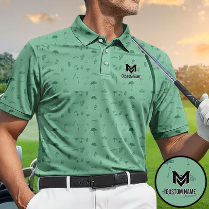 Personalized Golf Icons Pattern Polo Shirt for Men – Custom Name Golf Polo Shirt – Unique Casual Sport Shirt