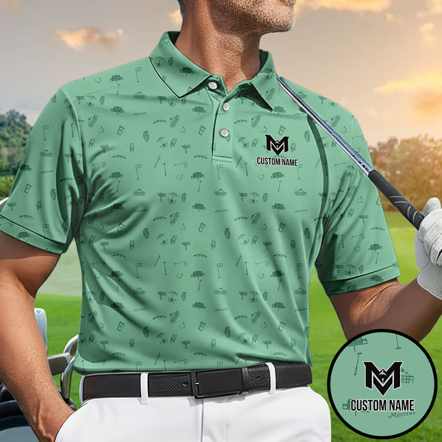 Personalized Golf Icons Pattern Polo Shirt for Men – Custom Name Golf Polo Shirt – Unique Casual Sport Shirt