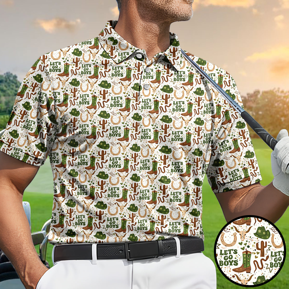 Men’s Funny Cowboy Golf Polo Shirt, Western Boots Cactus “Let’s Go Boys” Pattern Golf Shirt, Country Western Golf Apparel, Rodeo Style Golf Polo