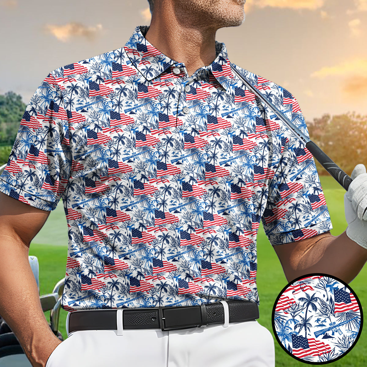 American Flag Hawaiian Golf Polo Shirt for Men – Patriotic USA Tropical Performance Golf Shirt, Lightweight Breathable 4th of July Golf Polo