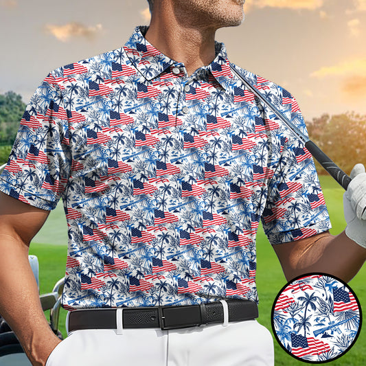 American Flag Hawaiian Golf Polo Shirt for Men – Patriotic USA Tropical Performance Golf Shirt, Lightweight Breathable 4th of July Golf Polo