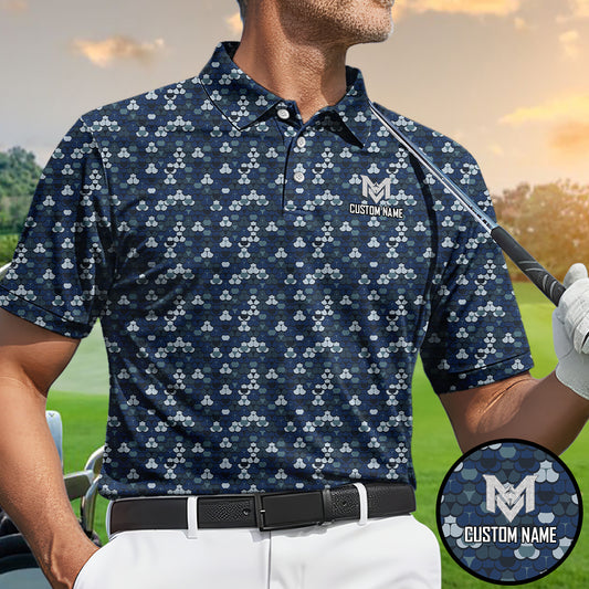 Personalized Blue Golf Ball Pattern Polo Shirt for Men All Over Print Performance Golf Polo Lightweight Breathable Golf Apparel