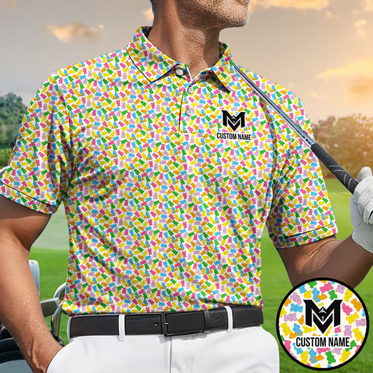 Personalized Colorful Gummy Bear Golf Polo Shirt for Men Funny Candy Pattern All Over Print Performance Golf Polo Lightweight Breathable Golf Apparel