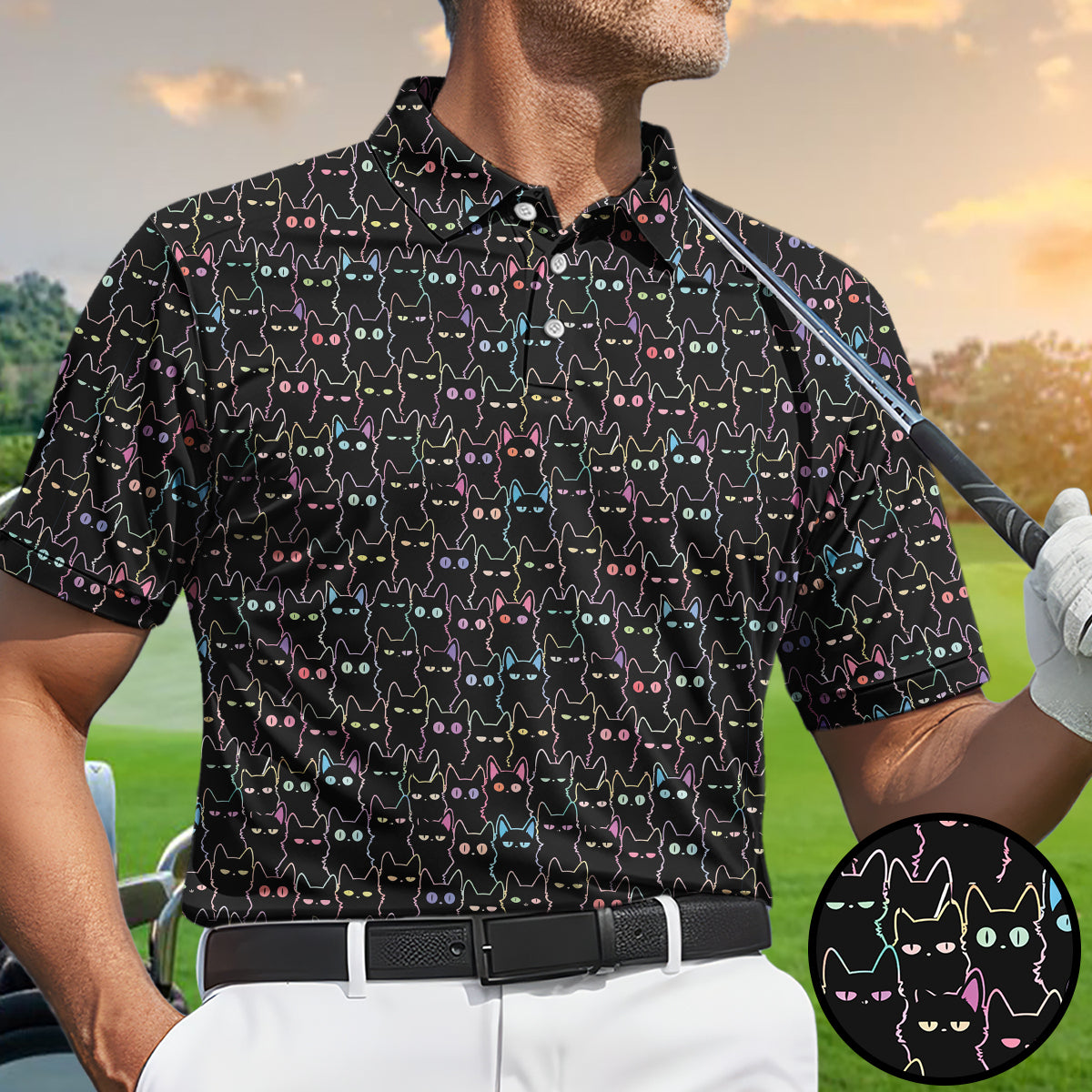 Black Cat Golf Polo Shirt Funny Cat Pattern Men Casual Golf Shirt