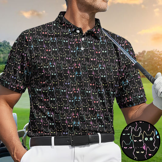Black Cat Golf Polo Shirt Funny Cat Pattern Men Casual Golf Shirt