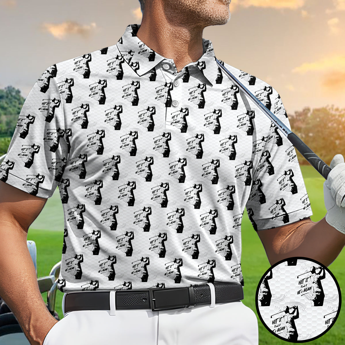Funny Hit It Find It Hit It Again Golf Polo Shirt for Men – Vintage Golfer Pattern Performance Golf Shirt, Lightweight Breathable Golf Polo