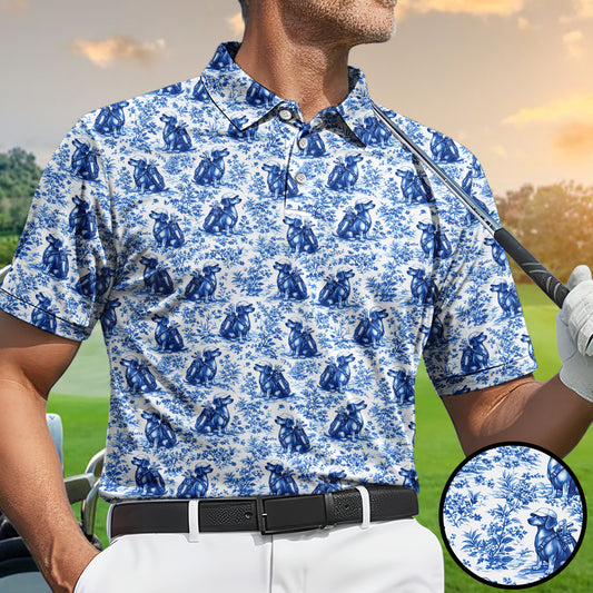 Men’s Dachshund Golf Polo Shirt, Toile de Jouy Style Golf Dog & Clubs Pattern Polo, Funny Dachshund Golfer Shirt, Dog Lover Golf Apparel