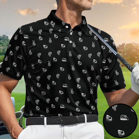 Men’s Funny Western Golf Polo Shirt, Cactus Taco Avocado Pattern Golf Shirt, Mexican Fiesta Style Golf Polo, Cinco de Mayo Golf Apparel