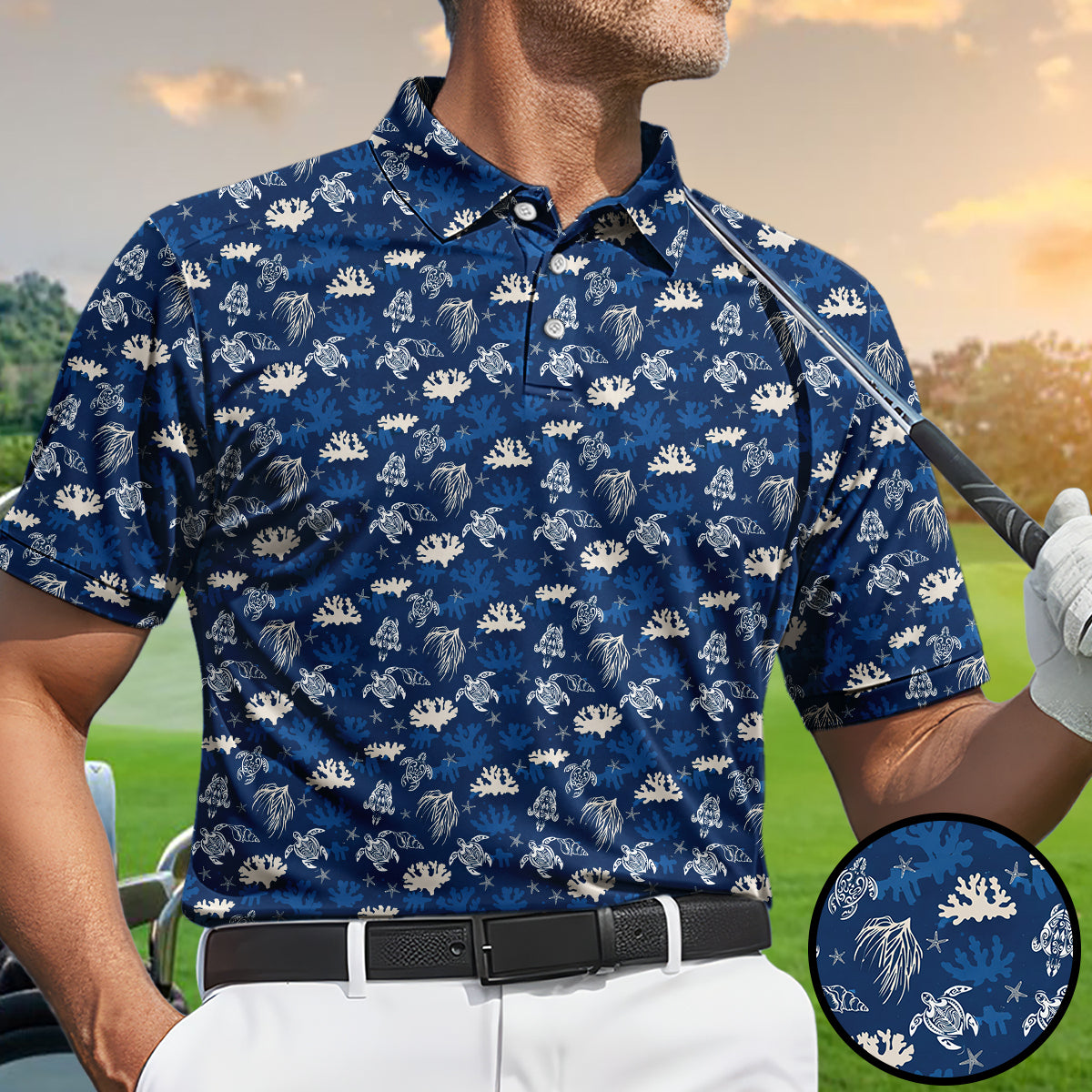 Men’s Hawaiian Sea Turtle Golf Polo Shirt, Ocean Coral & Marine Pattern Golf Shirt, Tropical Beach Style Golf Polo, Summer Golf Apparel