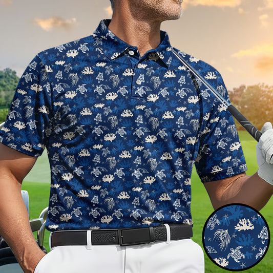 Men’s Hawaiian Sea Turtle Golf Polo Shirt, Ocean Coral & Marine Pattern Golf Shirt, Tropical Beach Style Golf Polo, Summer Golf Apparel