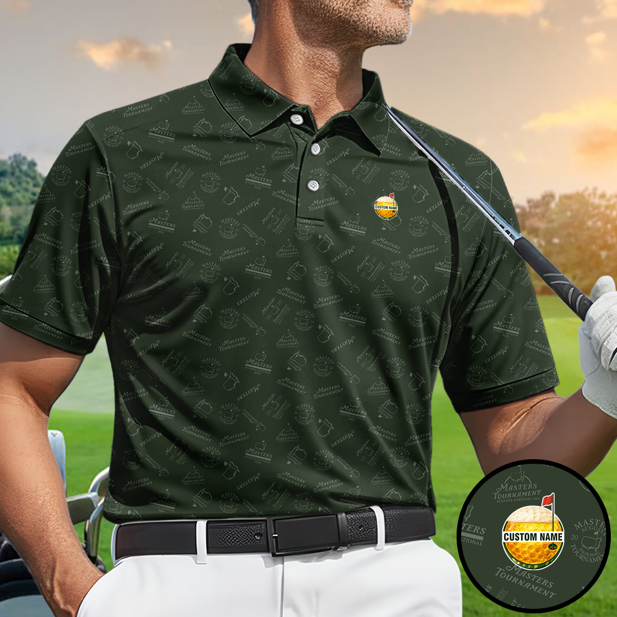 Personalized Masters Style Golf Polo Shirt for Men – Custom Name Golf Ball Logo Performance Polo, Dark Green Pattern Golf Shirt Gift for Golfers