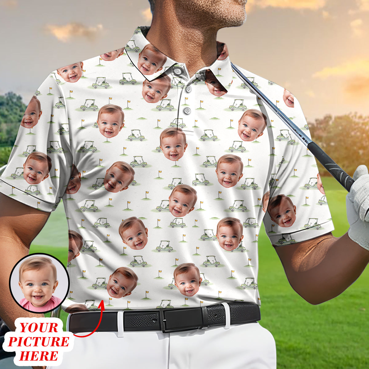 Funny Custom Baby Face Golf Polo Shirt for Men Personalized Photo Golf Shirt with Golf Cart Pattern All Over Print Unique Golf Gift for Dad or Grandpa