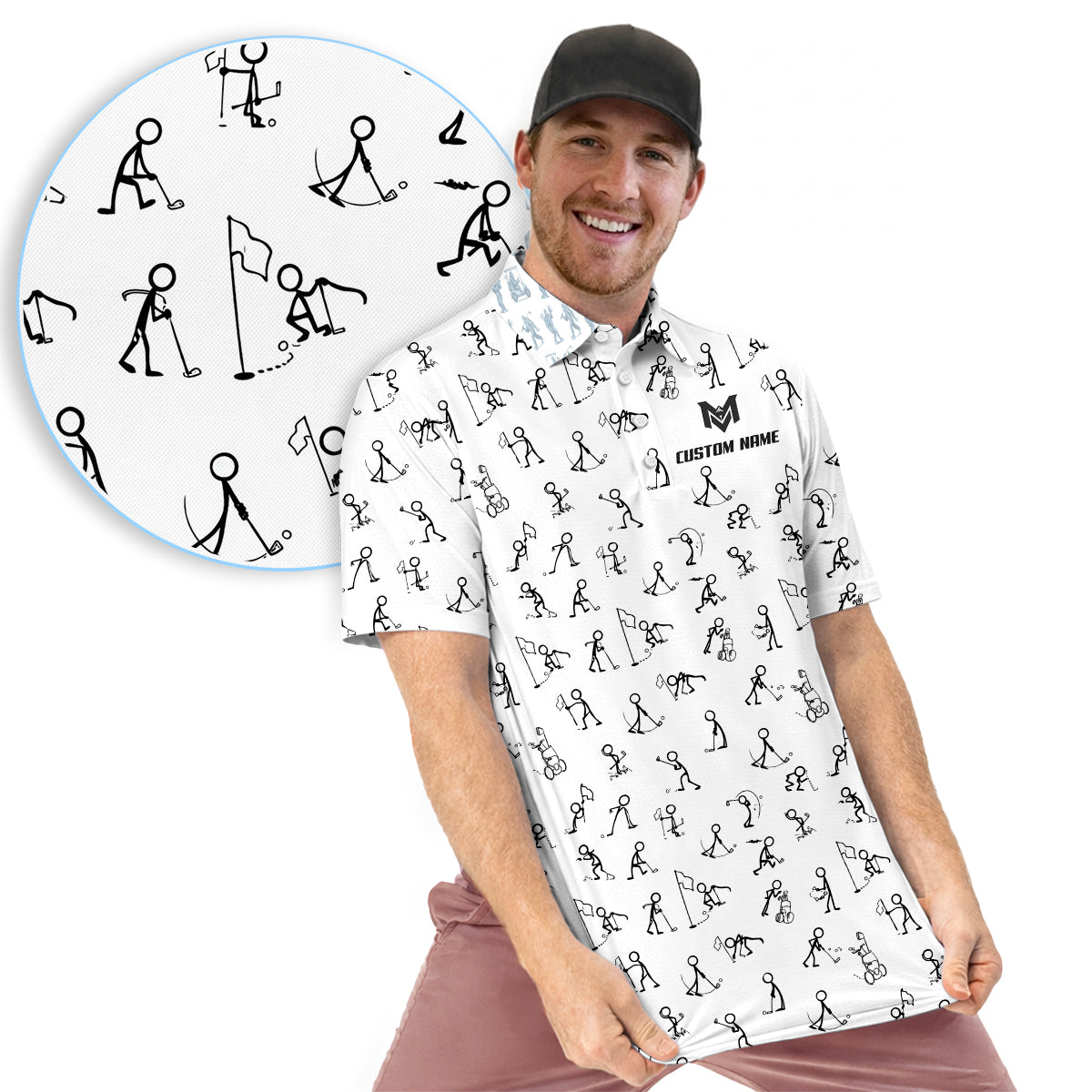 Funny Stick Figure Golf Pattern Polo Shirt for Men Custom Name All Over Print Golf Polo Golf Lover Gift Lightweight Performance Golf Shirt