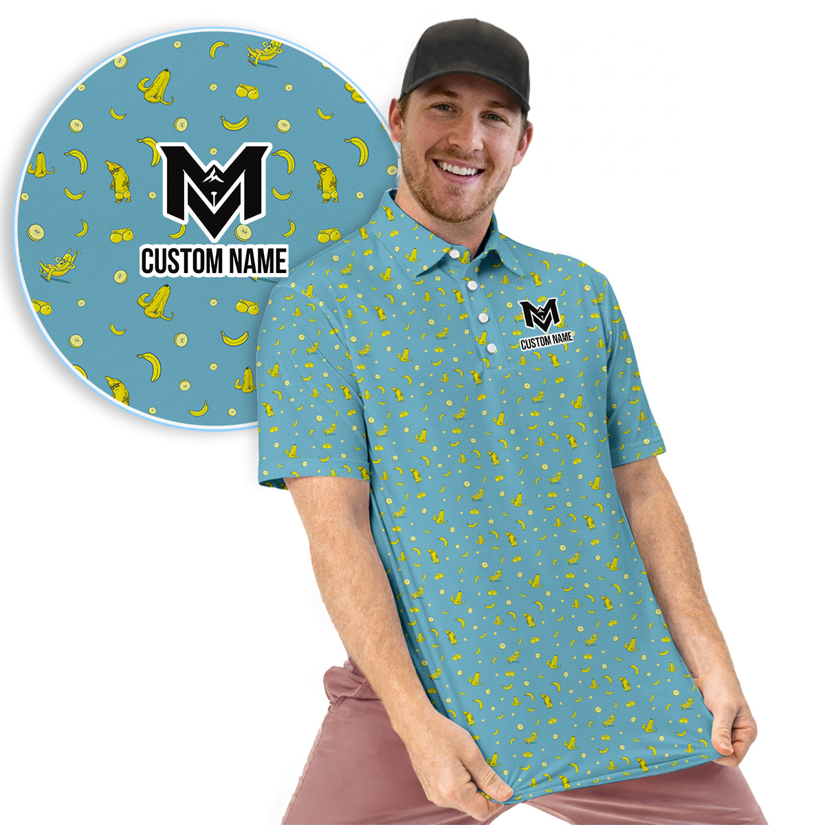 Personalized Banana Pattern Men's Polo Shirt – Custom Name Tropical Polo Shirt for Men