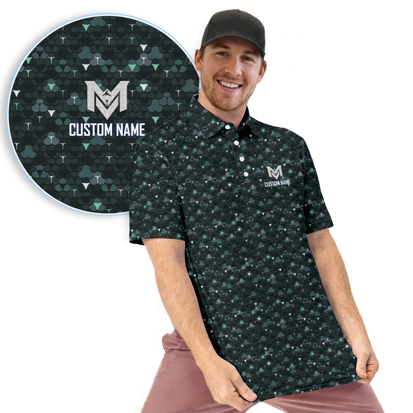 Personalized Dark Golf Ball Pattern Polo Shirt for Men Modern All Over Print Performance Golf Polo Lightweight Breathable Golf Apparel