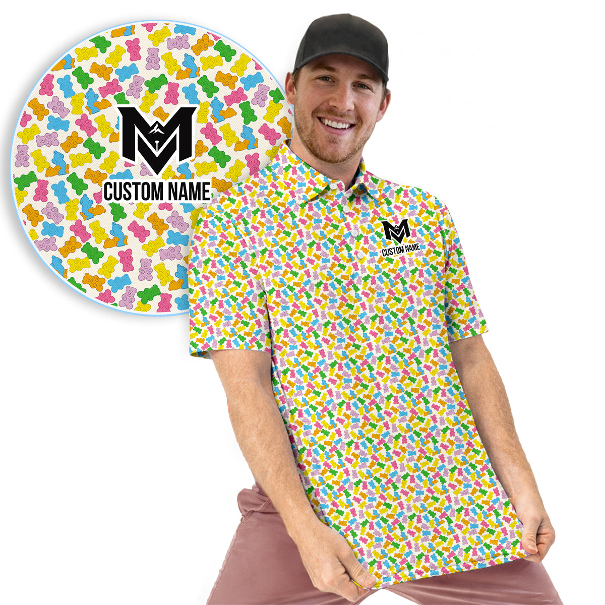 Personalized Colorful Gummy Bear Golf Polo Shirt for Men Funny Candy Pattern All Over Print Performance Golf Polo Lightweight Breathable Golf Apparel