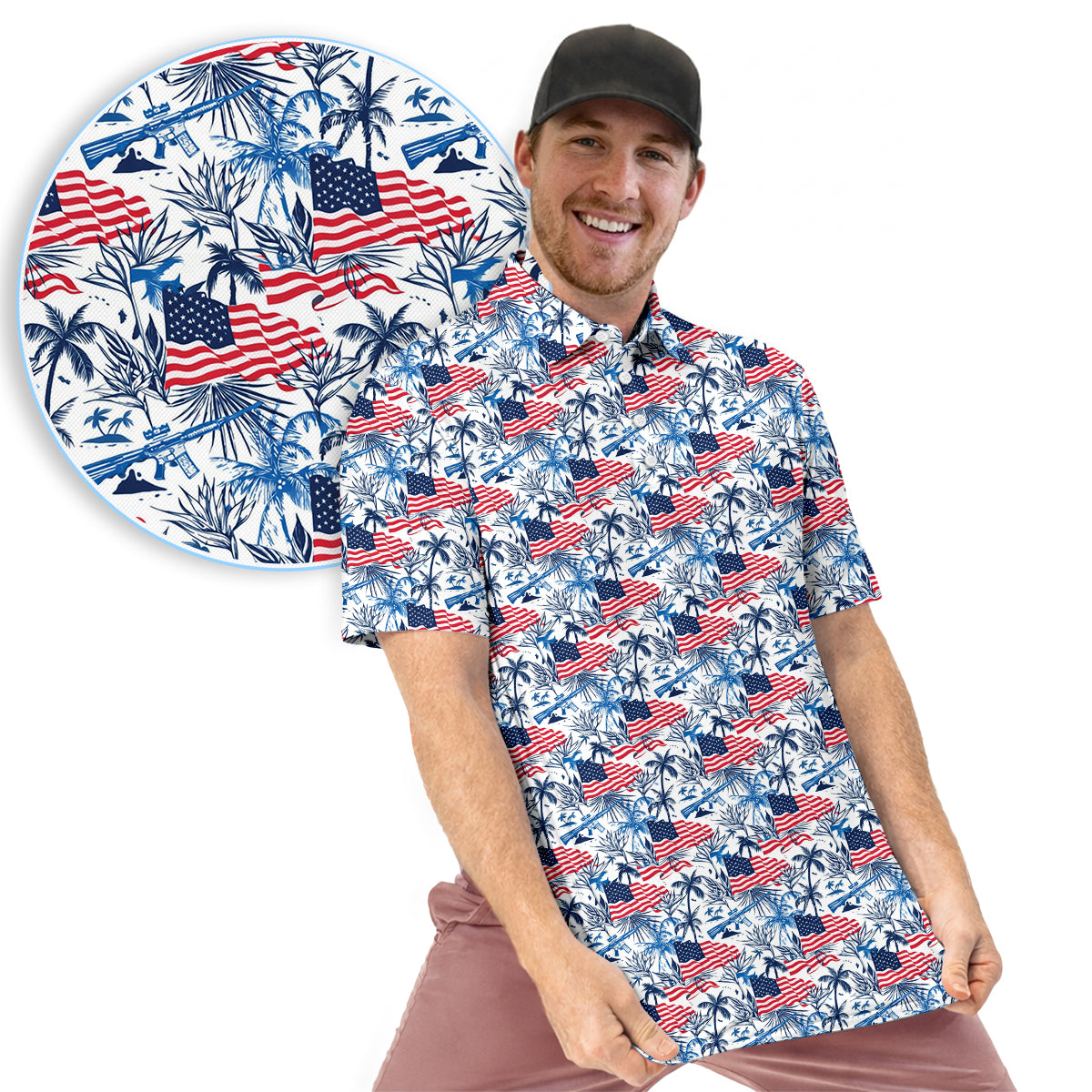 American Flag Hawaiian Golf Polo Shirt for Men – Patriotic USA Tropical Performance Golf Shirt, Lightweight Breathable 4th of July Golf Polo