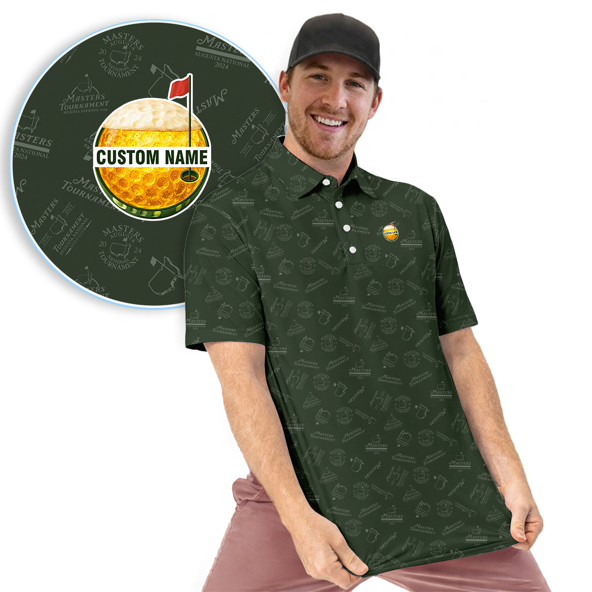 Personalized Masters Style Golf Polo Shirt for Men – Custom Name Golf Ball Logo Performance Polo, Dark Green Pattern Golf Shirt Gift for Golfers