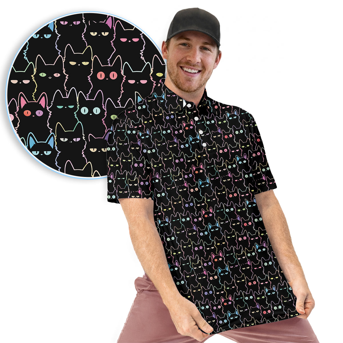 Black Cat Golf Polo Shirt Funny Cat Pattern Men Casual Golf Shirt