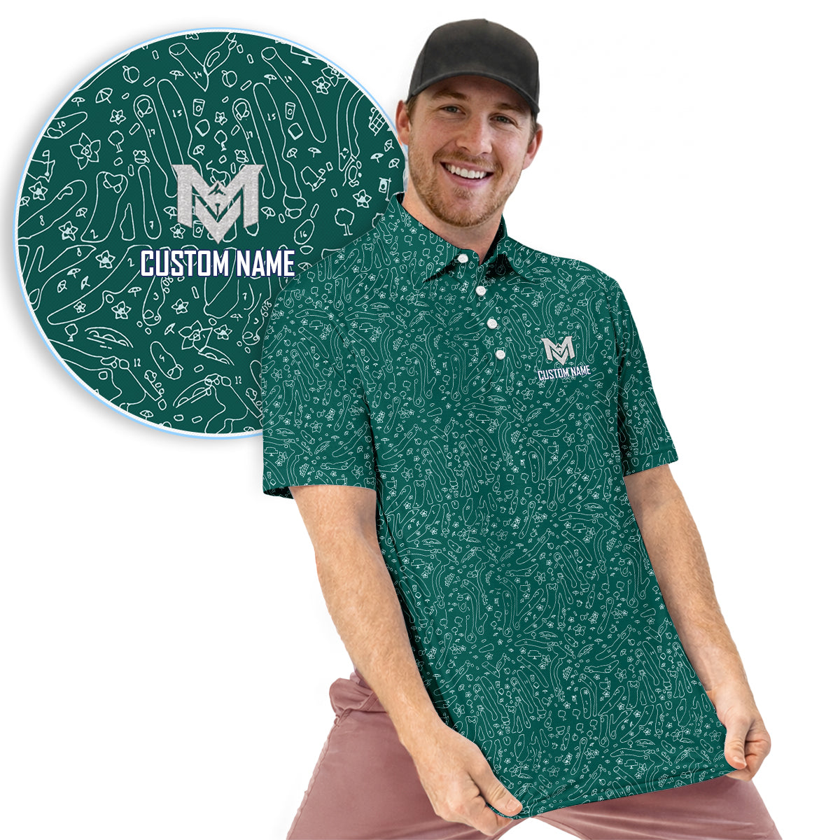 Personalized Green Golf Doodle Pattern Polo Shirt for Men Funny All Over Print Performance Golf Polo Lightweight Breathable Golf Apparel