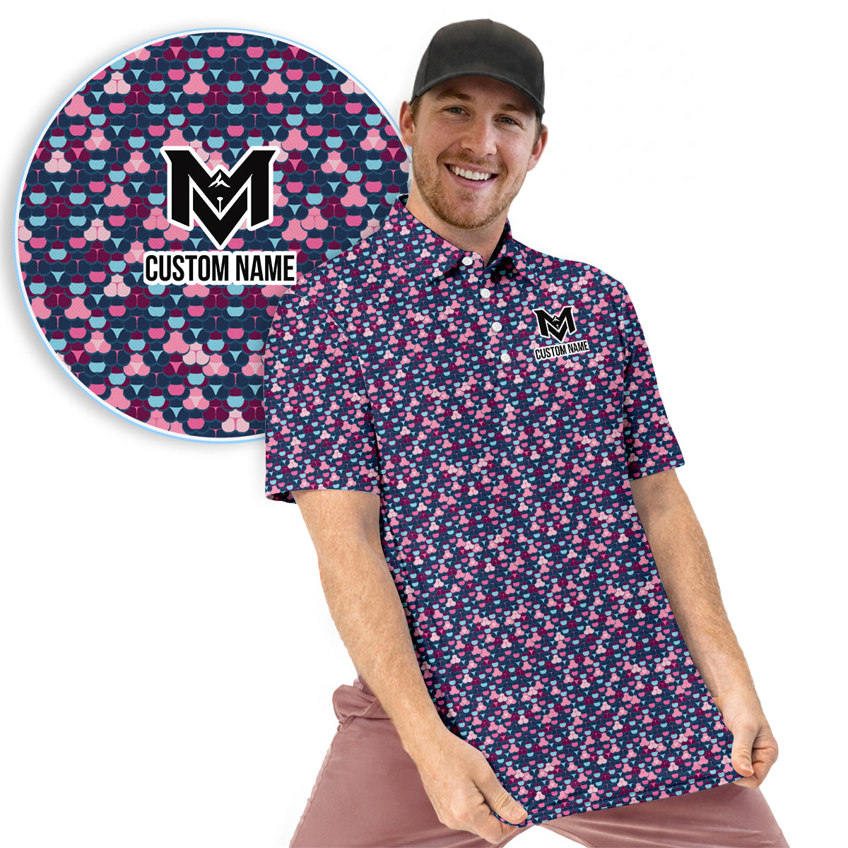 Personalized Pink Blue Golf Ball Pattern Polo Shirt for Men Modern All Over Print Performance Golf Polo Lightweight Breathable Golf Apparel
