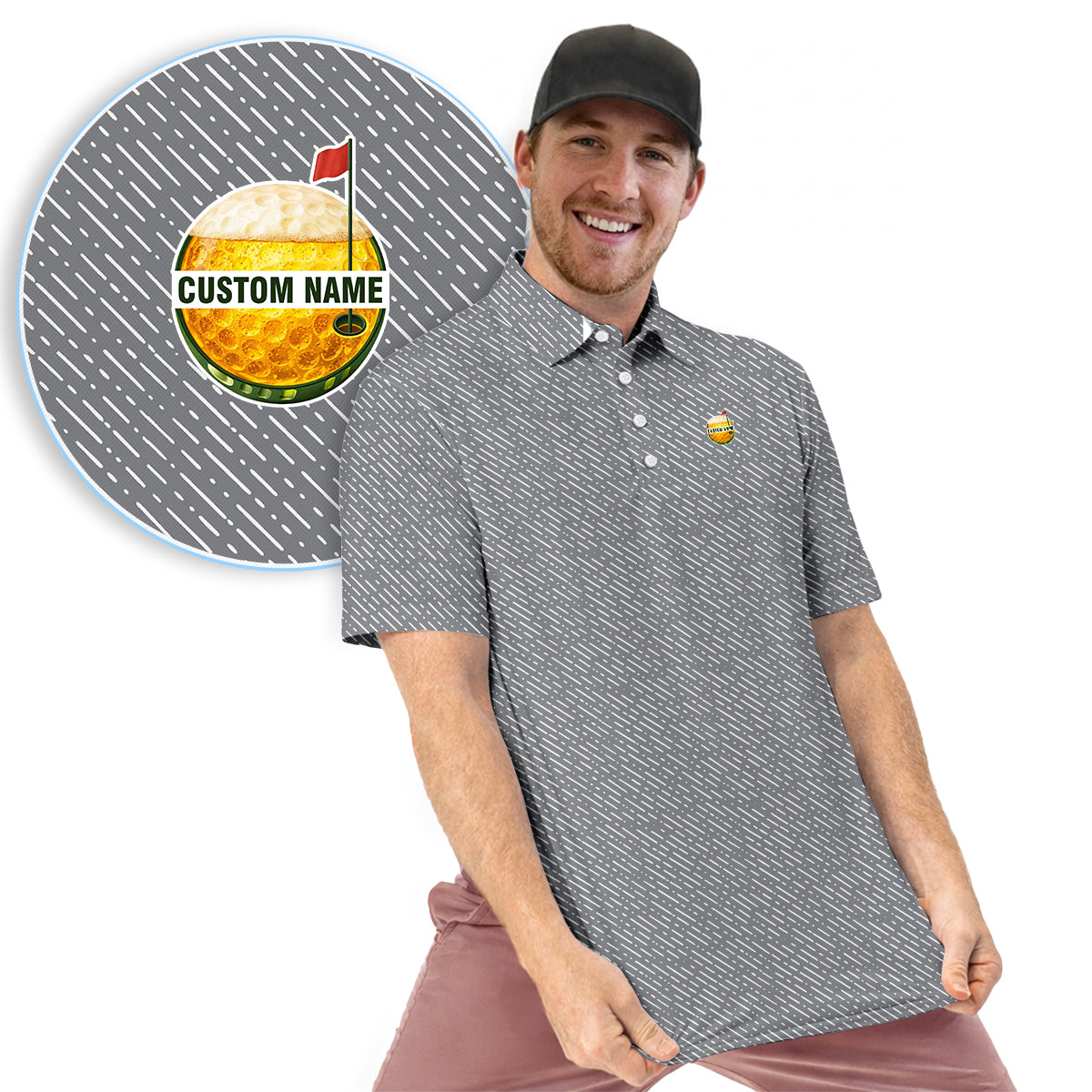 Personalized Custom Name Diagonal Dash Pattern Golf Polo Shirt for Men Stylish Minimal Golf Apparel