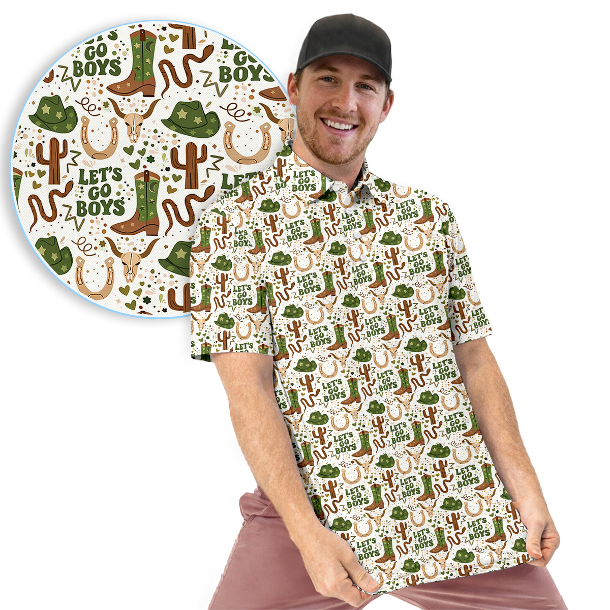 Men’s Funny Cowboy Golf Polo Shirt, Western Boots Cactus “Let’s Go Boys” Pattern Golf Shirt, Country Western Golf Apparel, Rodeo Style Golf Polo