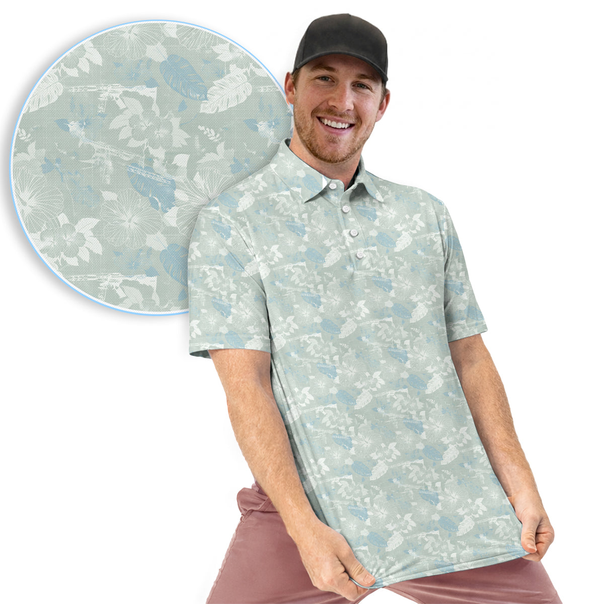 Men’s Hawaiian Style Golf Polo Shirt, Tropical Floral & Island Pattern Golf Shirt, Lightweight Summer Golf Polo for Golfers, Golf Vacation Shirt