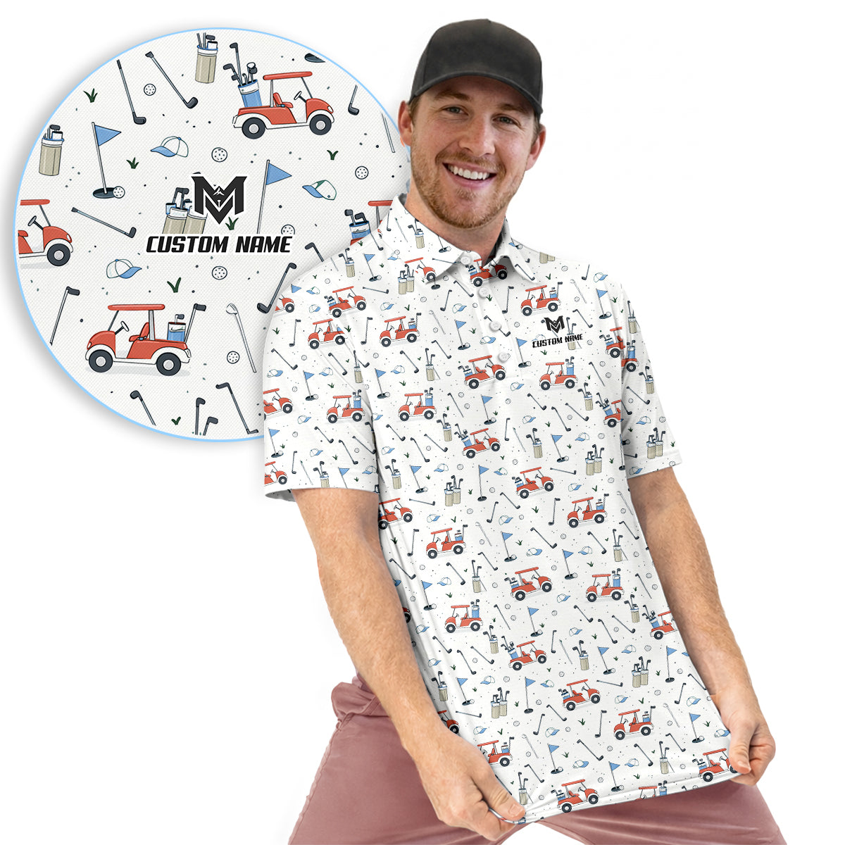 Personalized Funny Golf Cart Pattern Polo Shirt for Men All Over Print Golf Equipment Design Performance Golf Polo Lightweight Breathable Golf Apparel