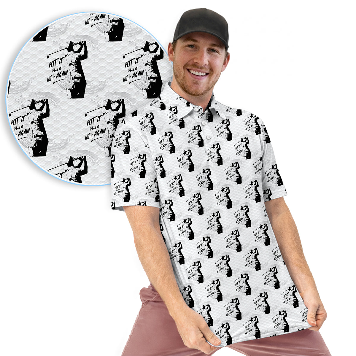 Funny Hit It Find It Hit It Again Golf Polo Shirt for Men – Vintage Golfer Pattern Performance Golf Shirt, Lightweight Breathable Golf Polo