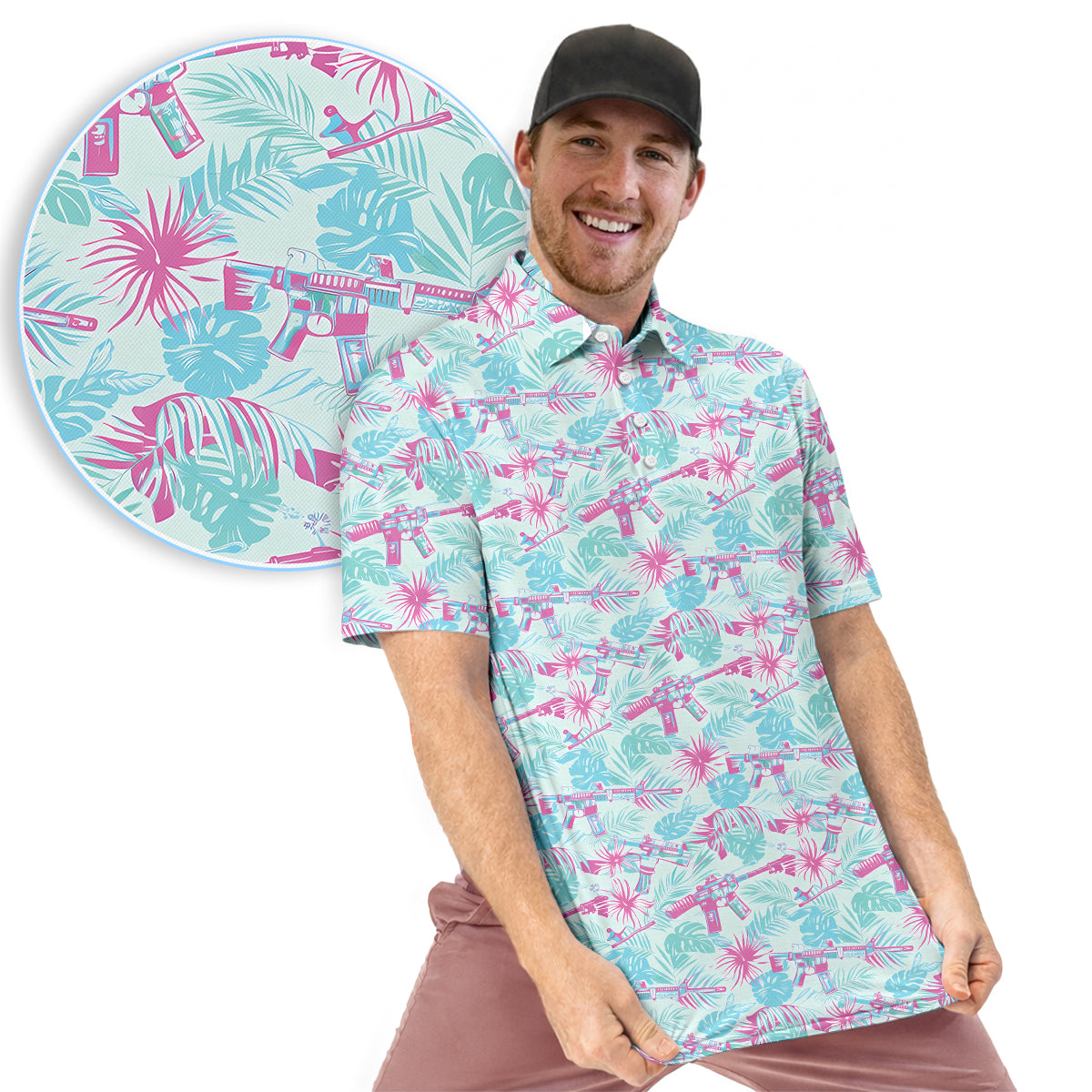 Funny Tactical Hawaiian Golf Polo Shirt for Men – Tropical Pattern Performance Golf Shirt, Lightweight Breathable Novelty Golf Polo