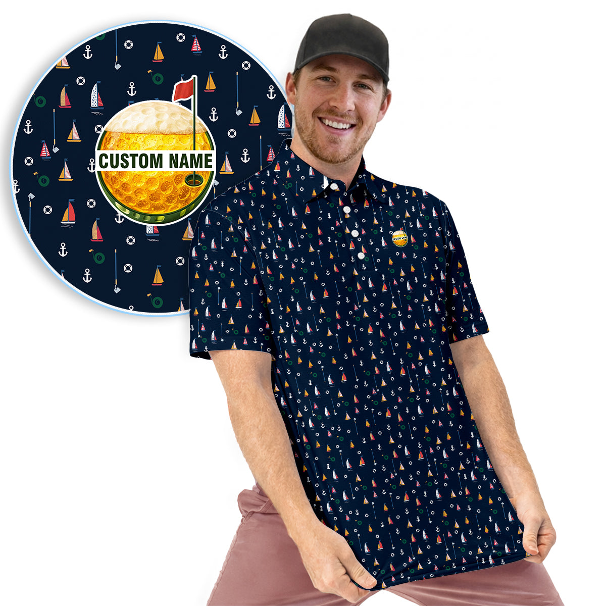 Personalized Custom Name Nautical Sailing Pattern Golf Polo Shirt for Men Unique Golf Apparel