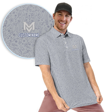 Funny Golf Doodle Pattern Polo Shirt for Men Minimalist All Over Print Performance Golf Polo Lightweight Breathable Golf Shirt