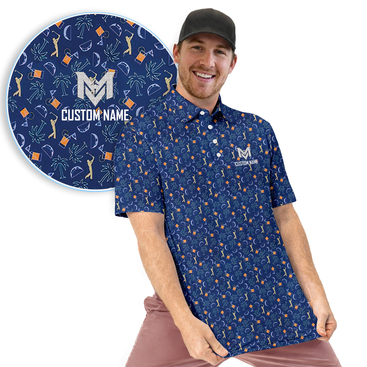 Personalized Funny Golf & Whiskey Pattern Polo Shirt for Men Tropical All Over Print Performance Golf Polo Lightweight Breathable Golfer Shirt