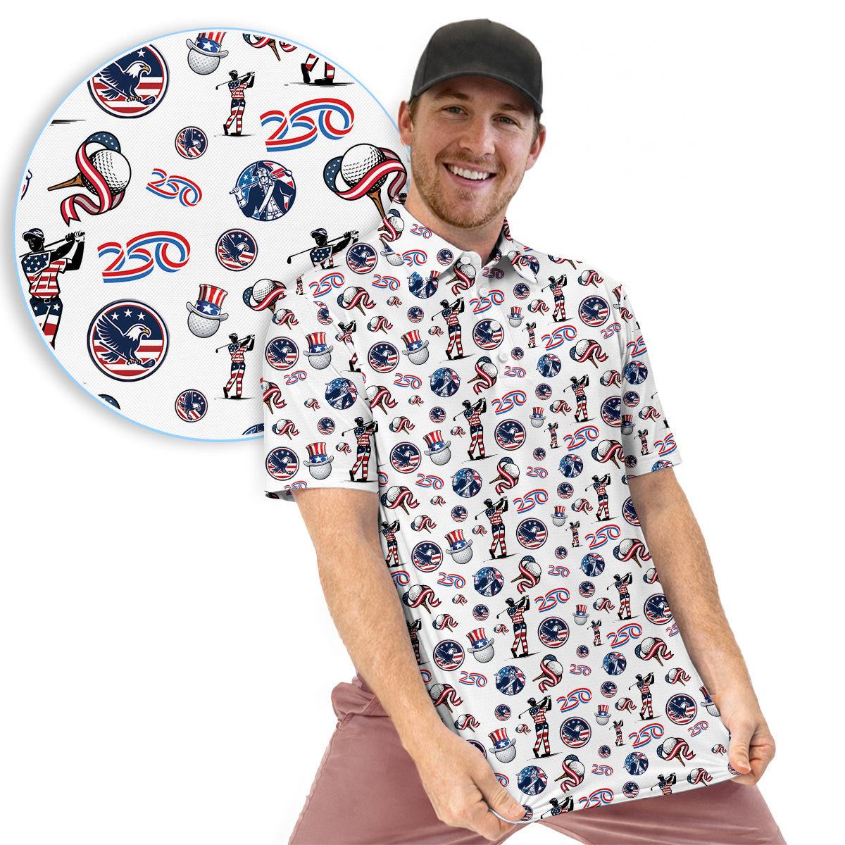 USA 250 Years Patriotic Golf Polo Shirt for Men American Flag Golfer All Over Print Performance Golf Shirt Semiquincentennial 1776–2026