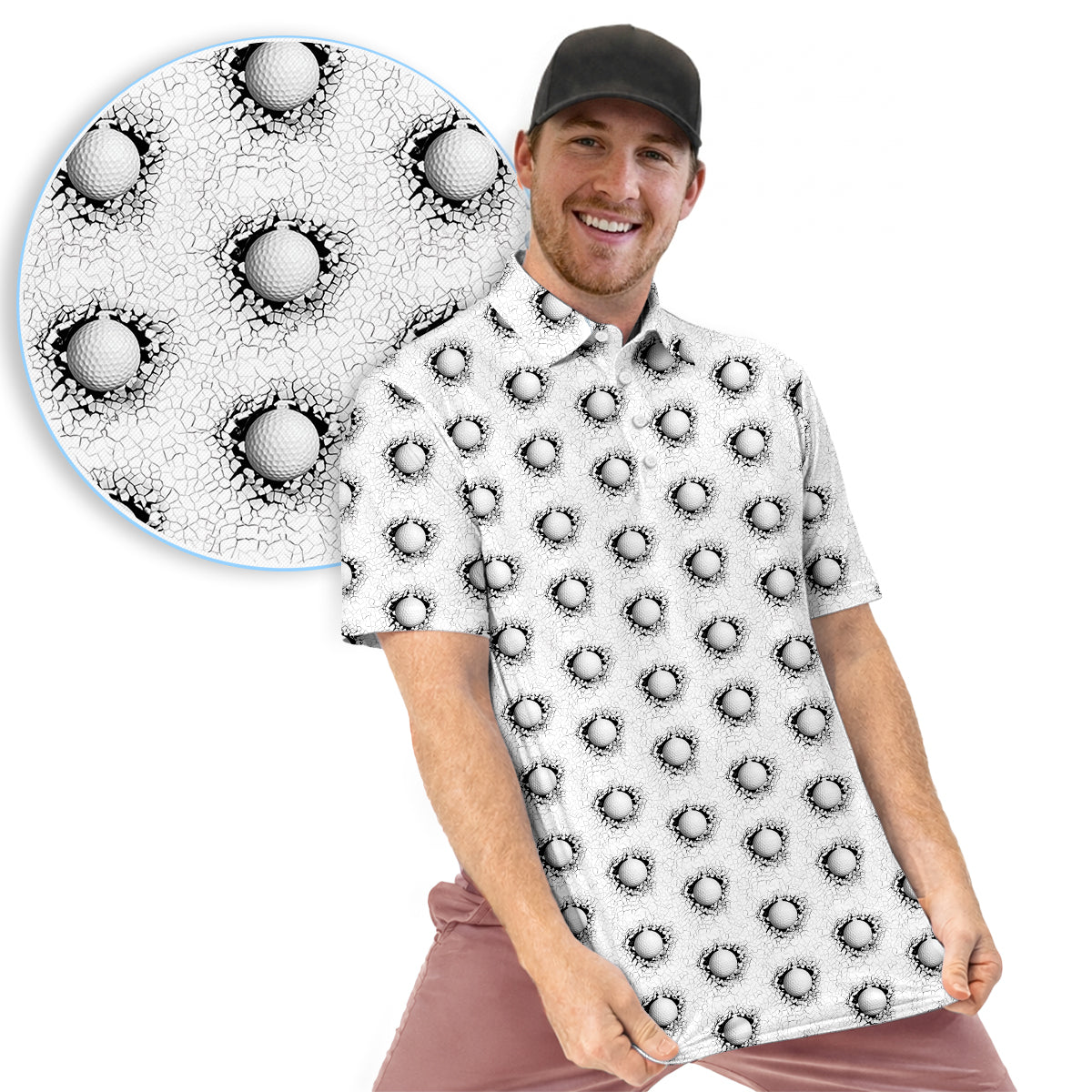 Cracked Golf Ball Pattern Golf Polo Shirt for Men – Unique 3D Golf Ball Print Performance Golf Shirt Lightweight Breathable Golf Polo