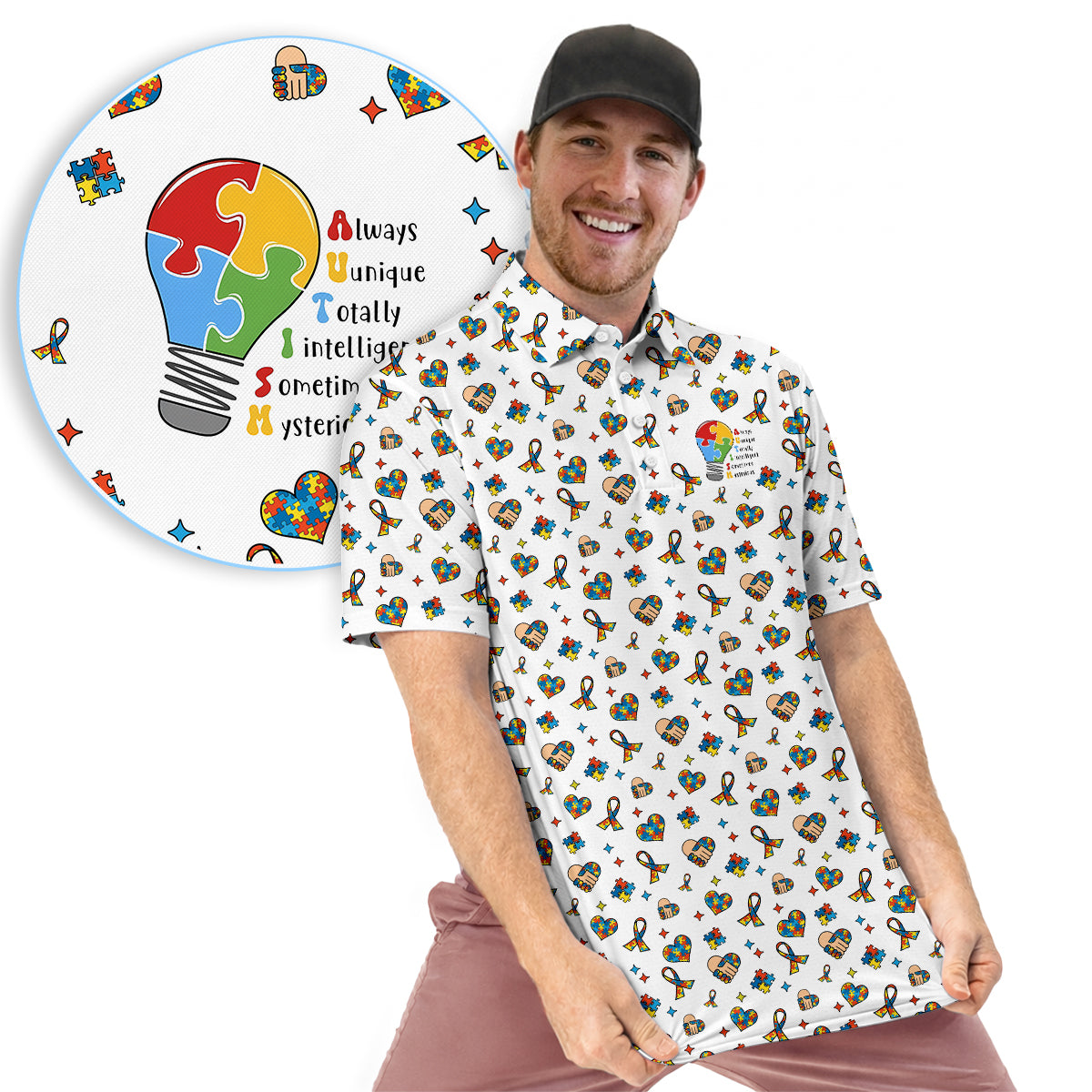 Autism Awareness Golf Polo Shirt Puzzle Pattern Men Golf Shirt