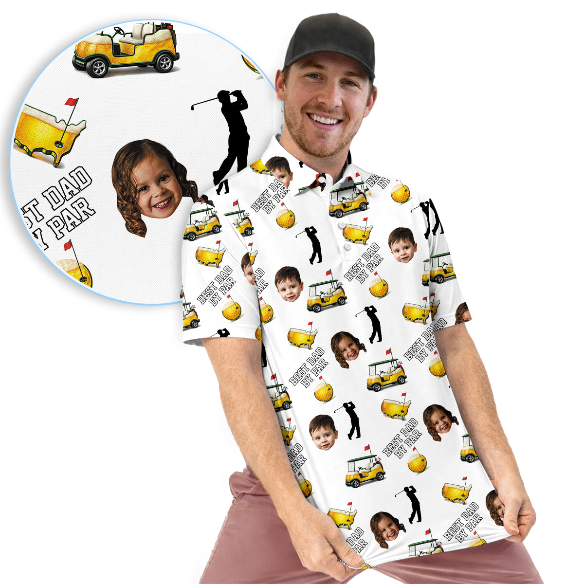 Funny Custom Baby Face, Golf Polo Shirt for Men, Best Dad By Par Golf Cart Pattern