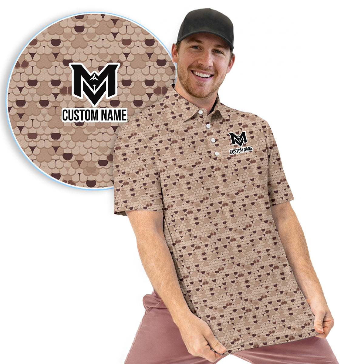 Personalized Brown Golf Ball Pattern Polo Shirt for Men Classic All Over Print Performance Golf Polo Lightweight Breathable Golf Apparel