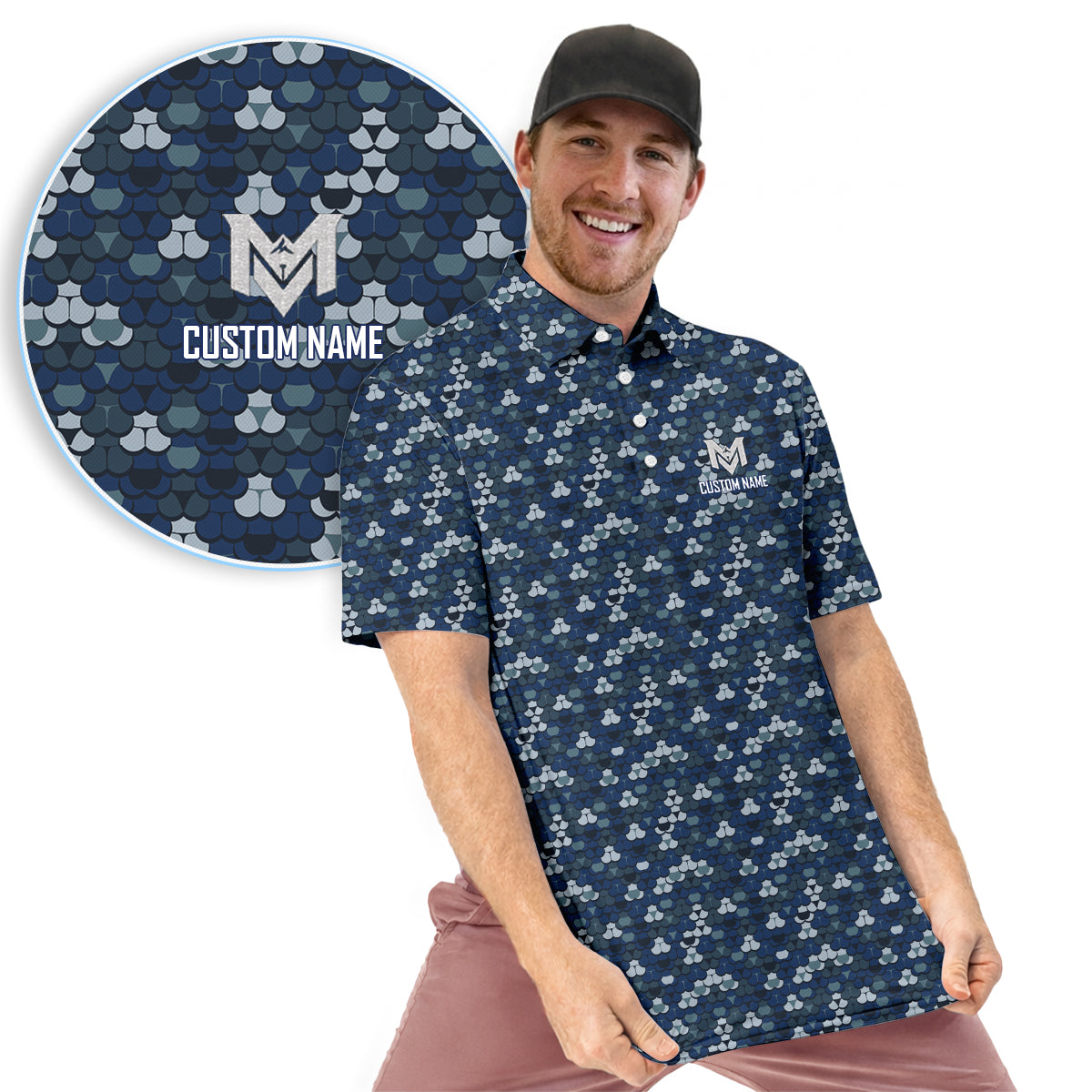 Personalized Blue Golf Ball Pattern Polo Shirt for Men All Over Print Performance Golf Polo Lightweight Breathable Golf Apparel