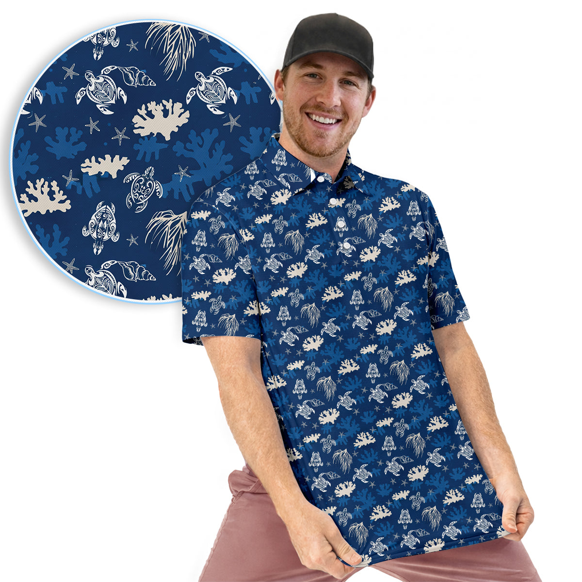 Men’s Hawaiian Sea Turtle Golf Polo Shirt, Ocean Coral & Marine Pattern Golf Shirt, Tropical Beach Style Golf Polo, Summer Golf Apparel