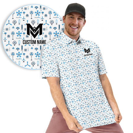 Blue Funny Golf Icons Polo Shirt for Men Golf Equipment Pattern All Over Print Performance Golf Polo Lightweight Breathable Golf Apparel