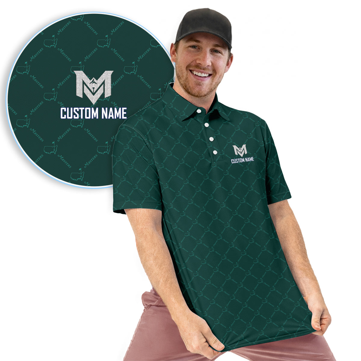 Personalized Masters Green Golf Polo Shirt for Men Classic Tournament Pattern Performance Golf Polo Lightweight Breathable Golf Apparel