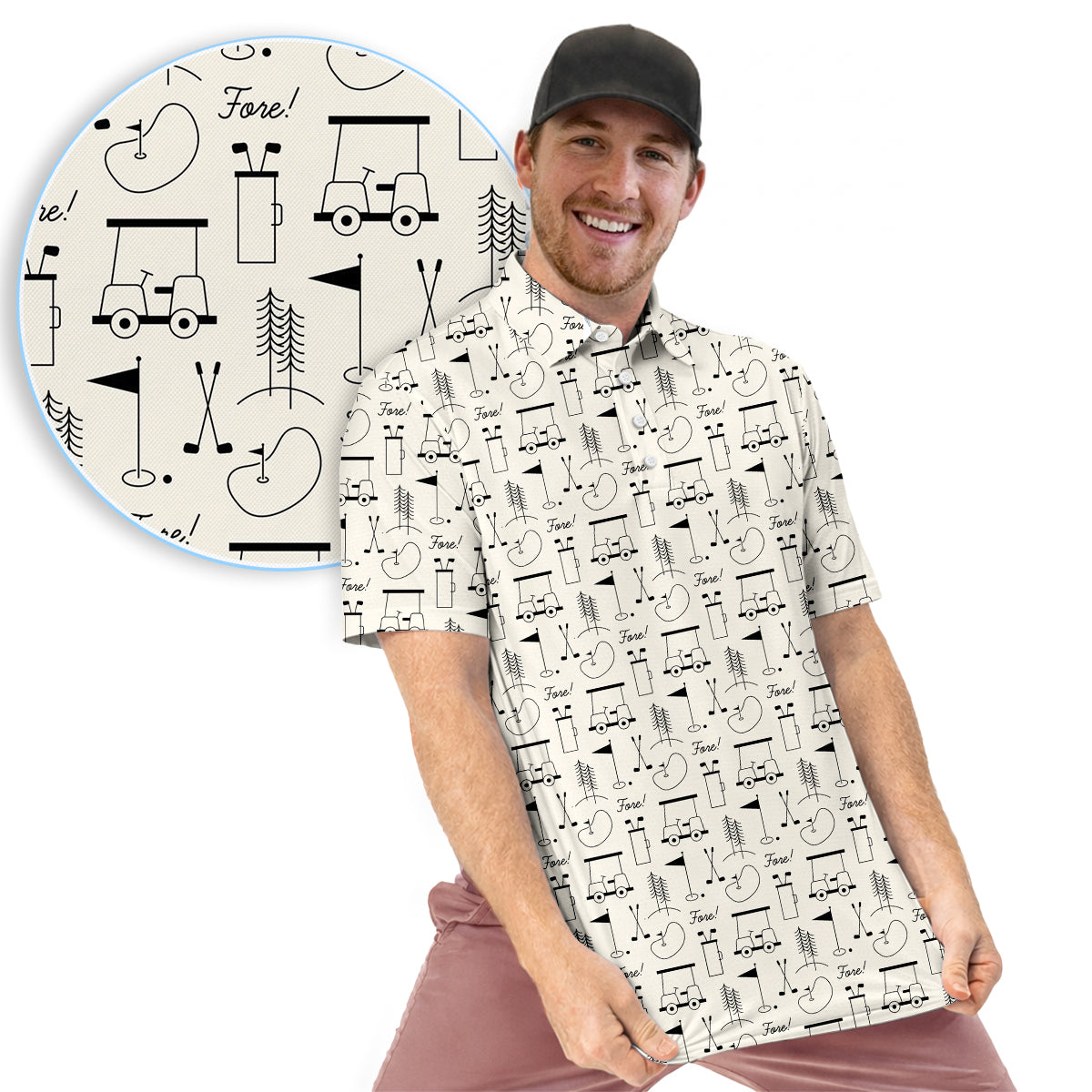 Men’s Funny Golf Polo Shirt, Golf Cart & Clubs “Fore!” Pattern, Casual Golf Polo for Golfers, Golf Lover Gift