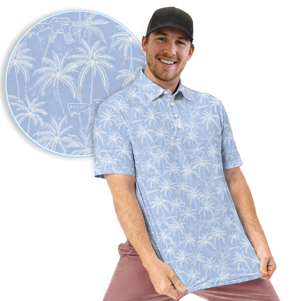 Men’s Tactical Hawaiian Golf Polo Shirt, Palm Tree & Rifle Pattern Golf Shirt, Funny Gun Lover Golf Polo, Patriotic Golf Apparel