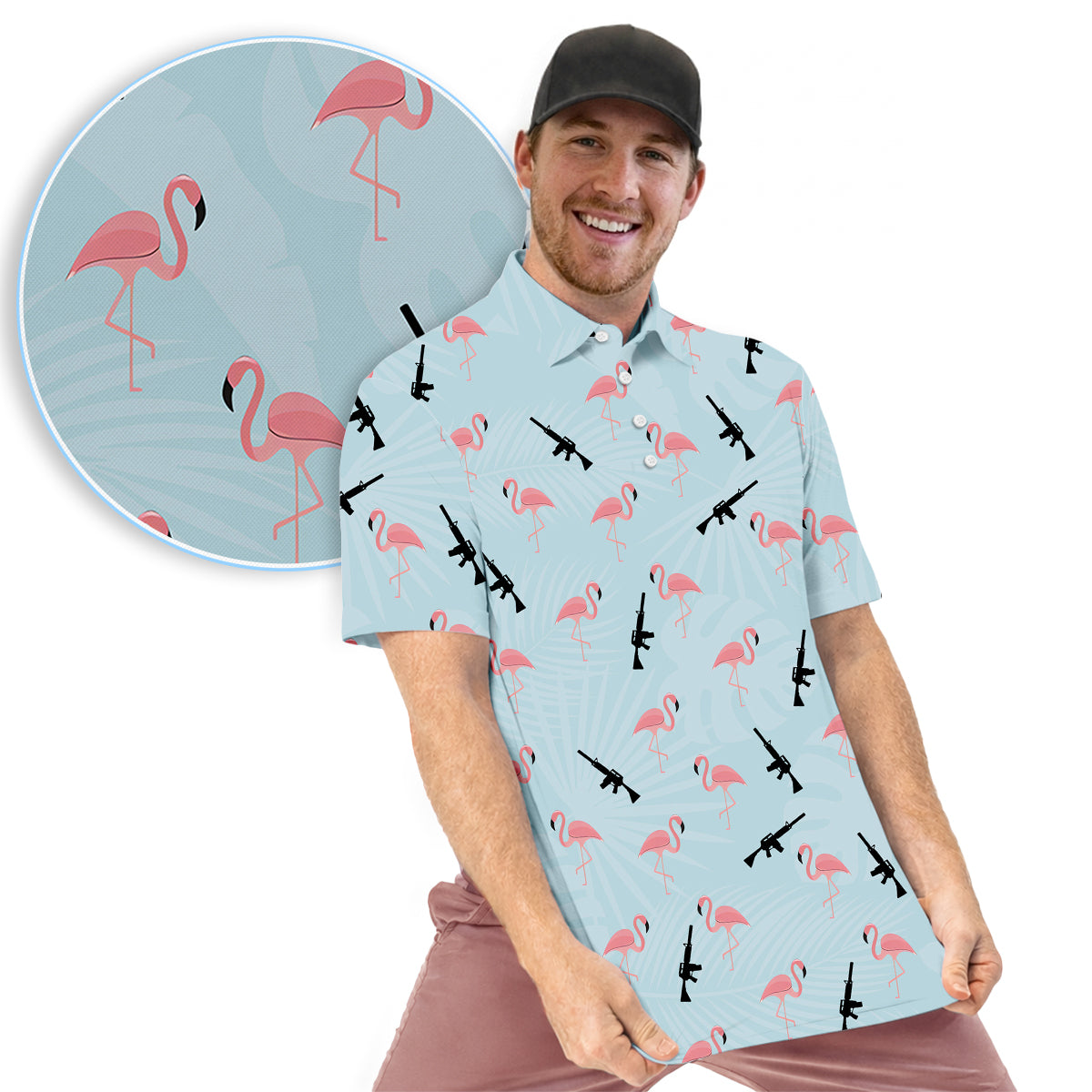 Funny Flamingo Gun Golf Polo Shirt for Men – Tactical Flamingo Pattern Performance Golf Shirt, Lightweight Breathable Novelty Golf Polo