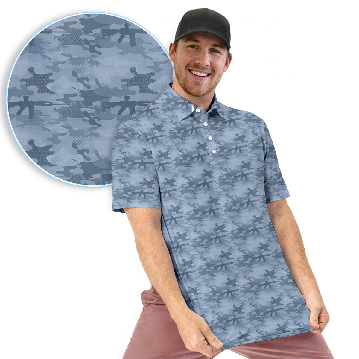 Men’s Tactical Camo Golf Polo Shirt, Rifle Camouflage Pattern Golf Shirt, Military Style Golf Polo, Patriotic Golf Apparel