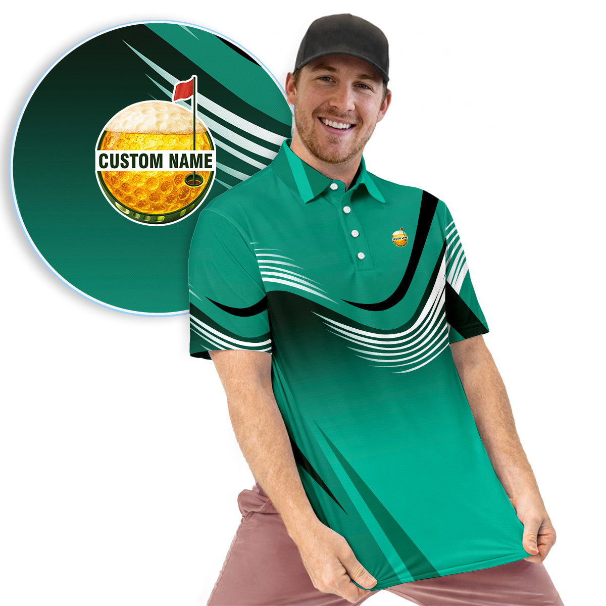 Personalized Custom Name Modern Wave Pattern Golf Polo Shirt for Men Stylish Golf Apparel